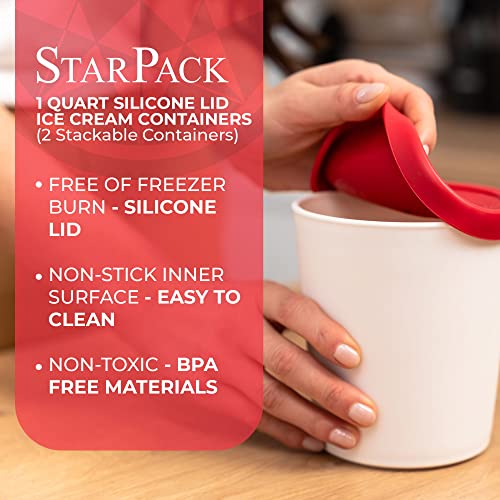 StarPack Ice Cream Containers for Homemade Ice Cream (2 Pcs) - Reusable Ice Cream Storage Containers for Freezer - Leak-Free Ice Cream Containers with Lids (Silicone) - 1 Liter per Ice Cream Container