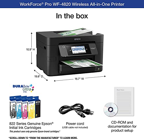 Epson Workforce Pro WF-4820 Wireless All-in-One Color Inkjet Printer, Print&Copy&Scan&Fax, Duplex Printing, 35-Page ADF, 25ppm, Mobile Print, 4.3" Color TS, Wi-Fi, Ethernet, Lanbertent Printer Cable