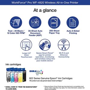 Epson Workforce Pro WF-4820 Wireless All-in-One Color Inkjet Printer, Print&Copy&Scan&Fax, Duplex Printing, 35-Page ADF, 25ppm, Mobile Print, 4.3" Color TS, Wi-Fi, Ethernet, Lanbertent Printer Cable