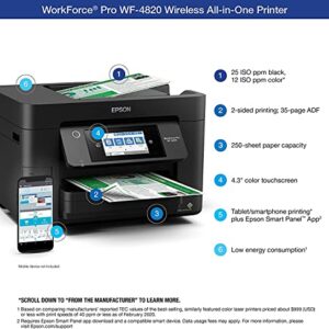 Epson Workforce Pro WF-4820 Wireless All-in-One Color Inkjet Printer, Print&Copy&Scan&Fax, Duplex Printing, 35-Page ADF, 25ppm, Mobile Print, 4.3" Color TS, Wi-Fi, Ethernet, Lanbertent Printer Cable