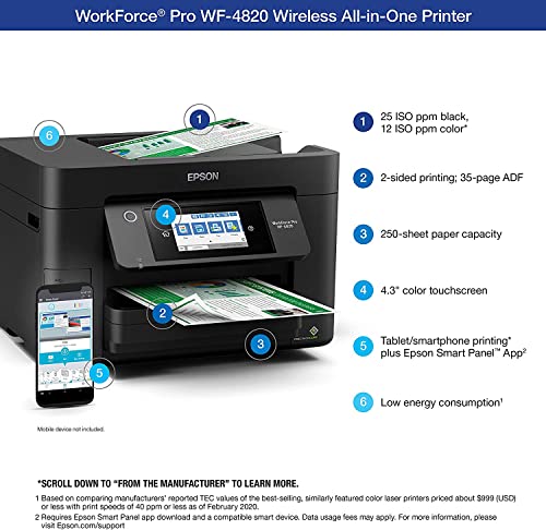 Epson Workforce Pro WF-4820 Wireless All-in-One Color Inkjet Printer, Print&Copy&Scan&Fax, Duplex Printing, 35-Page ADF, 25ppm, Mobile Print, 4.3" Color TS, Wi-Fi, Ethernet, Lanbertent Printer Cable