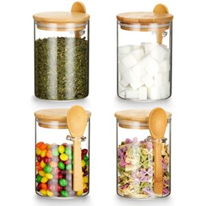 Mfacoy Set of 4 Airtight Glass Jars with Bamboo Lids & Spoons, 17 oz Borosilicate Glass Jars Containers, Clear Food Storage Canister for Cookie, Candy, Coffee, Sugar, Matcha Tea, Flour