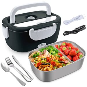 electric lunch box food heater for car home work, 12v 24v 110v 60w faster portable food warmer heated lunch box for adults, removable 304 stainless steel container 1.5l, leak proof, ss fork & spoon