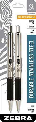 Zebra Pen G-402 Retractable Gel Pen, Stainless Steel Barrel, Fine Point, 0.5mm, Black Ink, 2-Pack