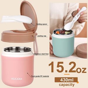 Insulated Food Container for Kids Adult - 15.2 Oz, Stainless Steel Vacuum Insulated Kids Food Jar with Folding Spoon, Leak Proof, Vacuum Insulated Thermo, Portable Food Bowl, Pink