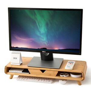 Homerays Bamboo Monitor Stand Riser, No Assembly Required Exquisite Monitor Stand with Drawer, Ergonomic Height Wood Monitor Stand