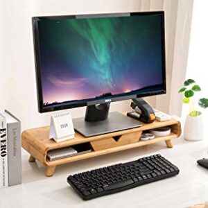 Homerays Bamboo Monitor Stand Riser, No Assembly Required Exquisite Monitor Stand with Drawer, Ergonomic Height Wood Monitor Stand