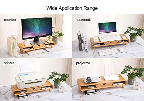 Homerays Bamboo Monitor Stand Riser, No Assembly Required Exquisite Monitor Stand with Drawer, Ergonomic Height Wood Monitor Stand