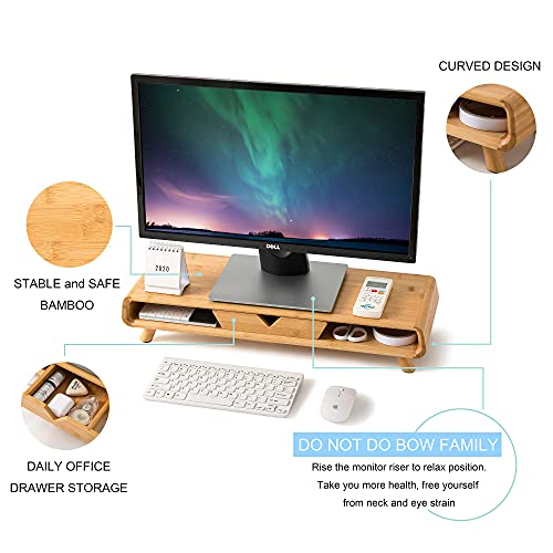 Homerays Bamboo Monitor Stand Riser, No Assembly Required Exquisite Monitor Stand with Drawer, Ergonomic Height Wood Monitor Stand