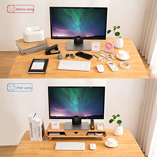 Homerays Bamboo Monitor Stand Riser, No Assembly Required Exquisite Monitor Stand with Drawer, Ergonomic Height Wood Monitor Stand