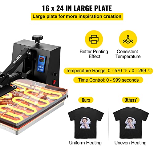 VEVOR Heat Press Machine, 16 x 24 in / 40 x 61 cm, Clamshell Sublimation Transfer Printer Teflon Coated, Digital Precise Heat Control, Silica-Gel Sponge Powerpress for T-Shirt Bag Pad Pillow