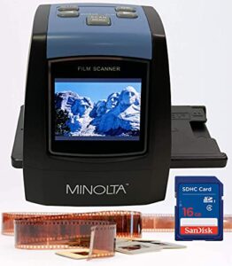 minolta film & slide scanner, convert color & b&w 35mm, 126, 110 negative & slides, super 8 films to 22mp jpeg digital photos, 16gb sd card, worldwide (black)