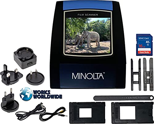 MINOLTA Film & Slide Scanner, Convert Color & B&W 35mm, 126, 110 Negative & Slides, Super 8 Films to 22MP JPEG Digital Photos, 16GB SD Card, Worldwide (Black)