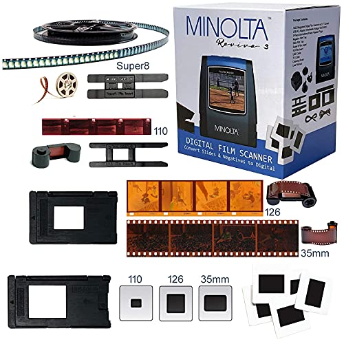 MINOLTA Film & Slide Scanner, Convert Color & B&W 35mm, 126, 110 Negative & Slides, Super 8 Films to 22MP JPEG Digital Photos, 16GB SD Card, Worldwide (Black)
