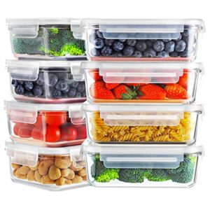 bayco 8 pack glass food storage containers, glass meal prep containers, airtight glass storage containers with lids – bpa-free & leak proof (8 lids & 8 containers) 30oz