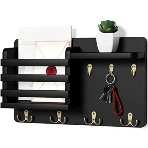 nekon mail holder for wall mail organizer with key hooks hallway farmhouse decor letter sorter made of natural pine with floating shelf and flush mount hardware (16.8inch x 10inch x 3.2inch) (black)