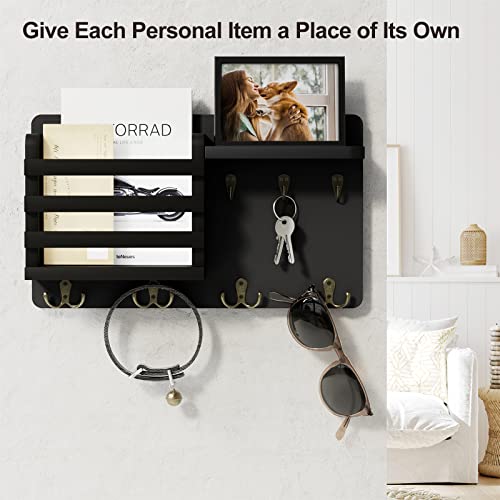 Nekon Mail Holder for Wall Mail Organizer with Key Hooks Hallway Farmhouse Decor Letter Sorter Made of Natural Pine with Floating Shelf and Flush Mount Hardware (16.8Inch x 10Inch x 3.2Inch) (Black)