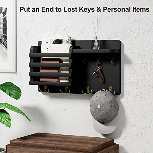 Nekon Mail Holder for Wall Mail Organizer with Key Hooks Hallway Farmhouse Decor Letter Sorter Made of Natural Pine with Floating Shelf and Flush Mount Hardware (16.8Inch x 10Inch x 3.2Inch) (Black)
