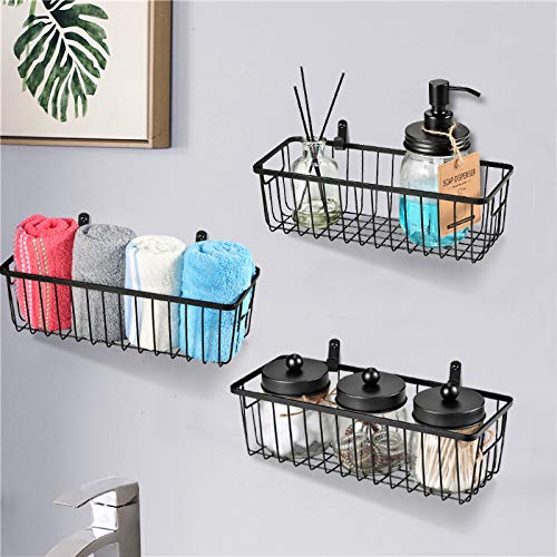 Farmhouse Metal Wire Bin Basket with Wall Mount - Small, 4 Pack - Portable Hanging Wall Basket, Rustic Home Storage Organizer for Cabinets, Pantry, Closets, Bathroom, Kitchen,Bedroom(Black)