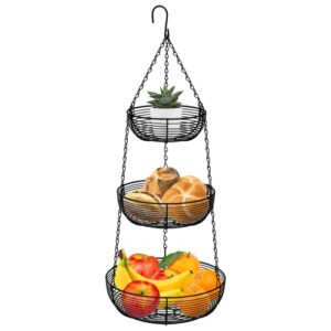 caxxa 3-tier hanging basket fruit organizer kitchen heavy duty wire organizer with 2 free bonus metal ceiling hooks, black