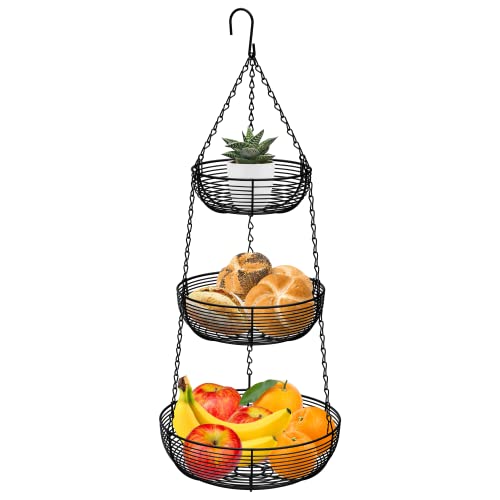 CAXXA 3-Tier Hanging Basket Fruit Organizer Kitchen Heavy Duty Wire Organizer with 2 Free Bonus Metal Ceiling Hooks, Black