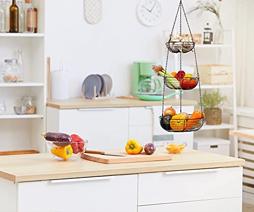 CAXXA 3-Tier Hanging Basket Fruit Organizer Kitchen Heavy Duty Wire Organizer with 2 Free Bonus Metal Ceiling Hooks, Black