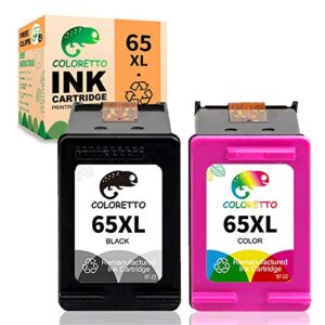 coloretto remanufactured printer ink cartridge replacement for hp 65xl to use with hp deskjet 2622 2624 2652 2655 3720 3721 3722 3723 3732 3758,envy 5052 5058 (1 black+1 color) combo pack