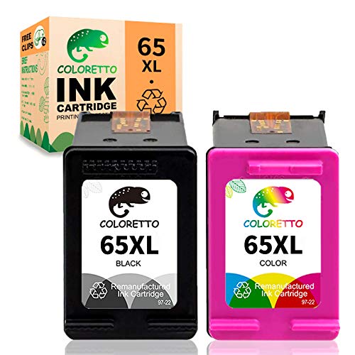 COLORETTO Remanufactured Printer Ink Cartridge Replacement for HP 65XL to use with HP Deskjet 2622 2624 2652 2655 3720 3721 3722 3723 3732 3758,Envy 5052 5058 (1 Black+1 Color) Combo Pack