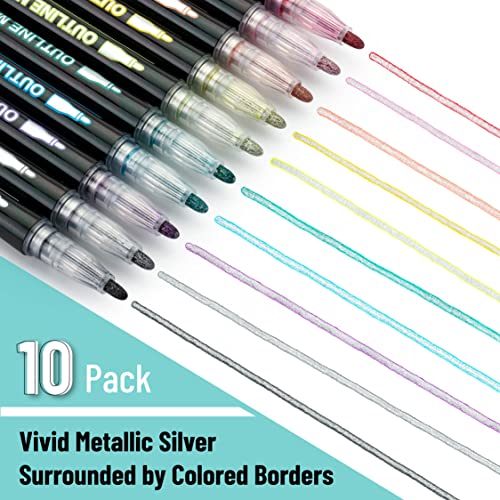 Mr. Pen- Double Line Outline Markers, 10 Colors, Shimmer Markers, Outline Markers Self-Outline Metallic Markers, Outline Pens, Metallic Outline Markers, Craft Pens, Outline Marker