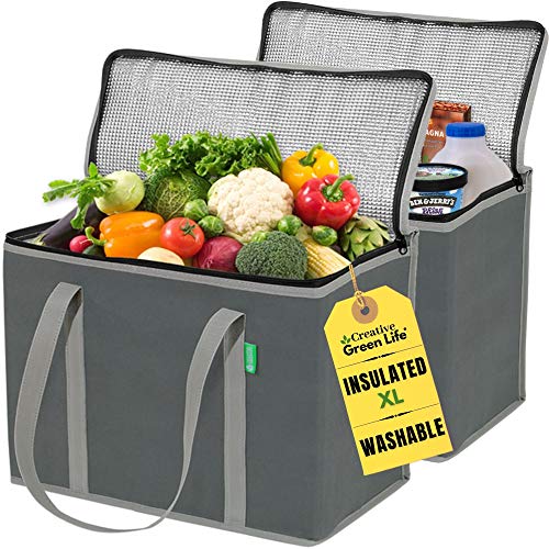 XL Insulated Reusable Grocery Bags (2-Pack) - Premium Quality Cooler Bags with Hard Bottom Insert - Stands Upright, Machine Washable, Sturdy Zipper - Insulated Bag for Hot or Cold, Food Delivery Bag