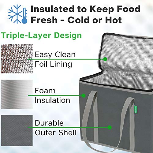 XL Insulated Reusable Grocery Bags (2-Pack) - Premium Quality Cooler Bags with Hard Bottom Insert - Stands Upright, Machine Washable, Sturdy Zipper - Insulated Bag for Hot or Cold, Food Delivery Bag