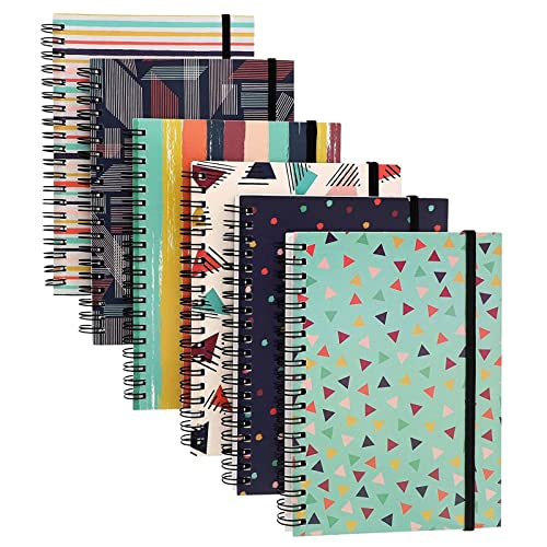 6 Pack 5x7 Notebooks Spiral Bound with Pocket, Lined B6 Journals with Elastic Closure for School, Work, 6 Graphic Designs