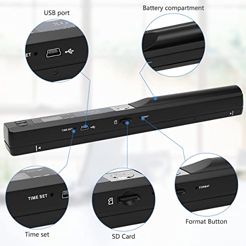 Portable Scanner Handheld Scanner for A4 Documents, Photo,Pictures,Receipt. Scanner Wand for Flat Scanning, UP to 900 DPI ，Include 16G SD Card，a Pair of AA Batteries