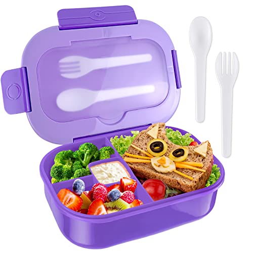 New Bento Box Lunch Box, 1.3L Bento Box Adult Lunch Box, Lunch Containers for Adults/Students/Teen, 5 Cup Bento Boxes with 4 Compartments&Fork, Leak-Proof, Microwave and Dishwasher Safe, Purple