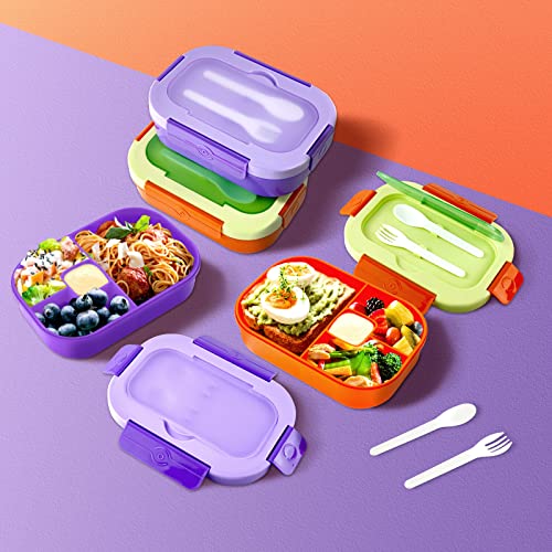 New Bento Box Lunch Box, 1.3L Bento Box Adult Lunch Box, Lunch Containers for Adults/Students/Teen, 5 Cup Bento Boxes with 4 Compartments&Fork, Leak-Proof, Microwave and Dishwasher Safe, Purple