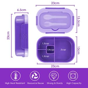 New Bento Box Lunch Box, 1.3L Bento Box Adult Lunch Box, Lunch Containers for Adults/Students/Teen, 5 Cup Bento Boxes with 4 Compartments&Fork, Leak-Proof, Microwave and Dishwasher Safe, Purple