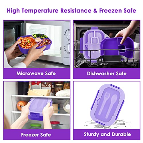 New Bento Box Lunch Box, 1.3L Bento Box Adult Lunch Box, Lunch Containers for Adults/Students/Teen, 5 Cup Bento Boxes with 4 Compartments&Fork, Leak-Proof, Microwave and Dishwasher Safe, Purple