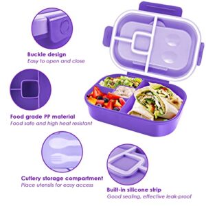 New Bento Box Lunch Box, 1.3L Bento Box Adult Lunch Box, Lunch Containers for Adults/Students/Teen, 5 Cup Bento Boxes with 4 Compartments&Fork, Leak-Proof, Microwave and Dishwasher Safe, Purple