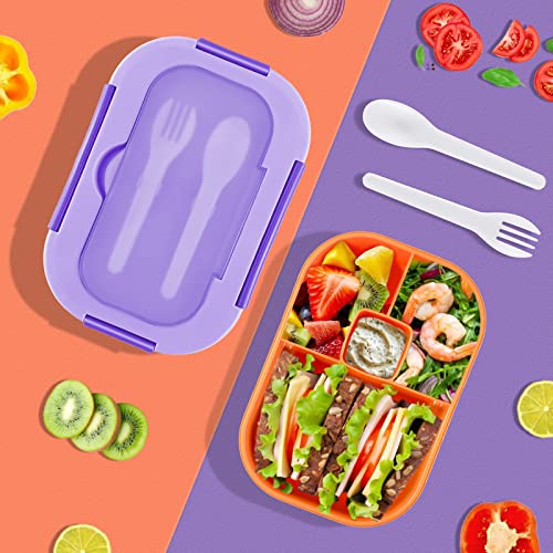 New Bento Box Lunch Box, 1.3L Bento Box Adult Lunch Box, Lunch Containers for Adults/Students/Teen, 5 Cup Bento Boxes with 4 Compartments&Fork, Leak-Proof, Microwave and Dishwasher Safe, Purple