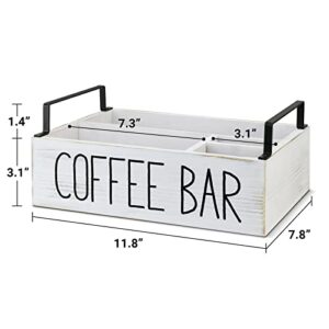 Coffee Station Organizer, Wooden Coffee Bar Accessories Organizer for Counter, Farmhouse Kcup Coffee Pod Holder Storage Basket with Handle, Coffee Bar Organizer Station for Coffee Bar Decor White