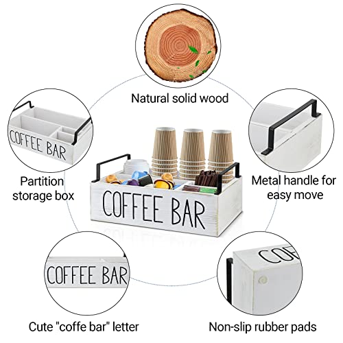 Coffee Station Organizer, Wooden Coffee Bar Accessories Organizer for Counter, Farmhouse Kcup Coffee Pod Holder Storage Basket with Handle, Coffee Bar Organizer Station for Coffee Bar Decor White