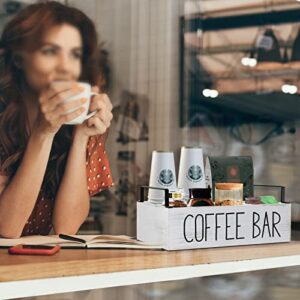 Coffee Station Organizer, Wooden Coffee Bar Accessories Organizer for Counter, Farmhouse Kcup Coffee Pod Holder Storage Basket with Handle, Coffee Bar Organizer Station for Coffee Bar Decor White