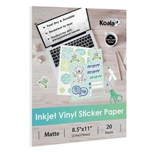 koala printable vinyl sticker paper for inkjet printer – 20 sheets matte white vinyl sticker paper, waterproof sticker paper 8.5×11 inch, work with cutting machine