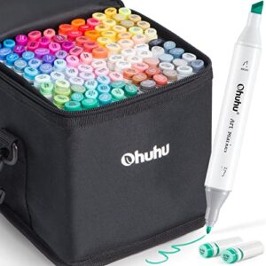Ohuhu Alcohol Based Markers Double Tipped Art Marker Set - Fine Chisel Drawing Markers for Kids Artists Adults Coloring, 100 Colors w/ 1 Colorless Alcohol Marker Blender - Oahu Series of Ohuhu Markers