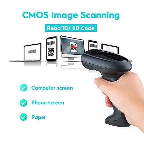 NADAMOO Wireless Barcode Scanner with Cradle, 2D Cordless Bar Code Reader 400m Transmission Distance CMOS Imager Read 1D, 2D, QR Code, Data Matrix, PDF417 for Windows Mac Linux