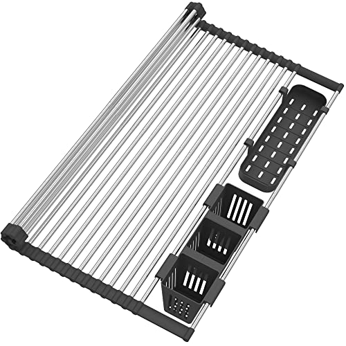 Extra Large Black Expandable Roll Up Dish Drying Rack Up to 25.1''with 2 Storage Baskets,Over The Sink Kitchen Rolling up Dish Drainer Dish Drying Rack in Sink, Foldable,Rollable,for Kitchen Dishes