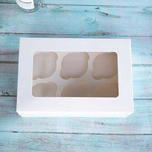 Cupcake Boxes with Inserts 6 Holders,9x6x3inch Large White Standard Bakery Boxes with Window Food Grade Cake Carrier Container for Muffins,Gift Treat Box Bulk,Pack of 15
