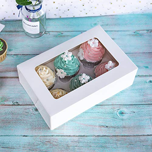 Cupcake Boxes with Inserts 6 Holders,9x6x3inch Large White Standard Bakery Boxes with Window Food Grade Cake Carrier Container for Muffins,Gift Treat Box Bulk,Pack of 15