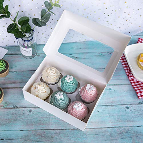 Cupcake Boxes with Inserts 6 Holders,9x6x3inch Large White Standard Bakery Boxes with Window Food Grade Cake Carrier Container for Muffins,Gift Treat Box Bulk,Pack of 15