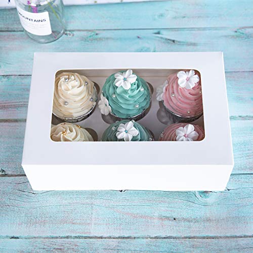 Cupcake Boxes with Inserts 6 Holders,9x6x3inch Large White Standard Bakery Boxes with Window Food Grade Cake Carrier Container for Muffins,Gift Treat Box Bulk,Pack of 15